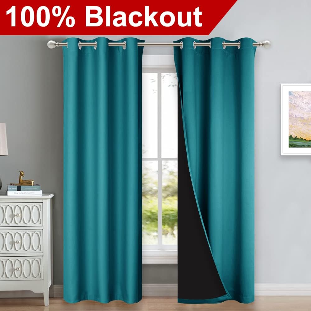Nicetown Peacock Teal Blackout Curtains 80 inches Long, Full Light Blocking Drapes with Black Liner for Nursery, Thermal Insulated Draperie…