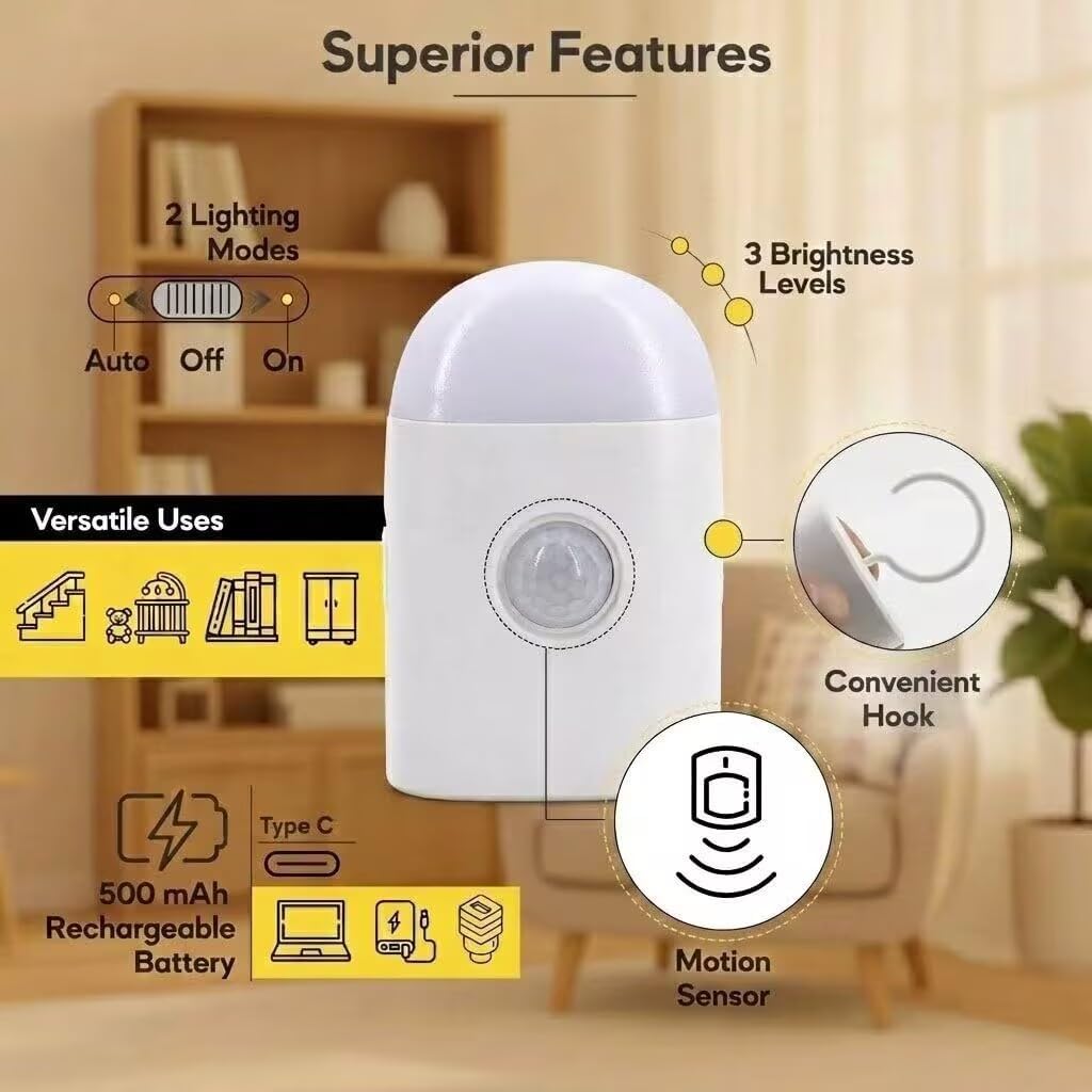 Rengmot Motion Sensor LED Night Lights Warm White with Adjustable Brightness Rechargeable Battery, with Hook and Stick-On for Cabinet, Ward…