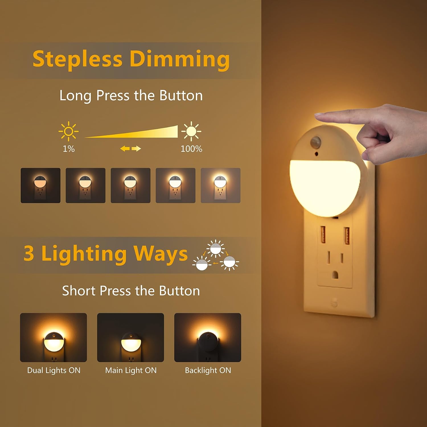 YUNLEX 2 Pack Plug in Night Light with Motion Sensor and Dusk to Dawn Sensor, Stepless Dimming, Warm White LED Nightlight with 3 Lighting…