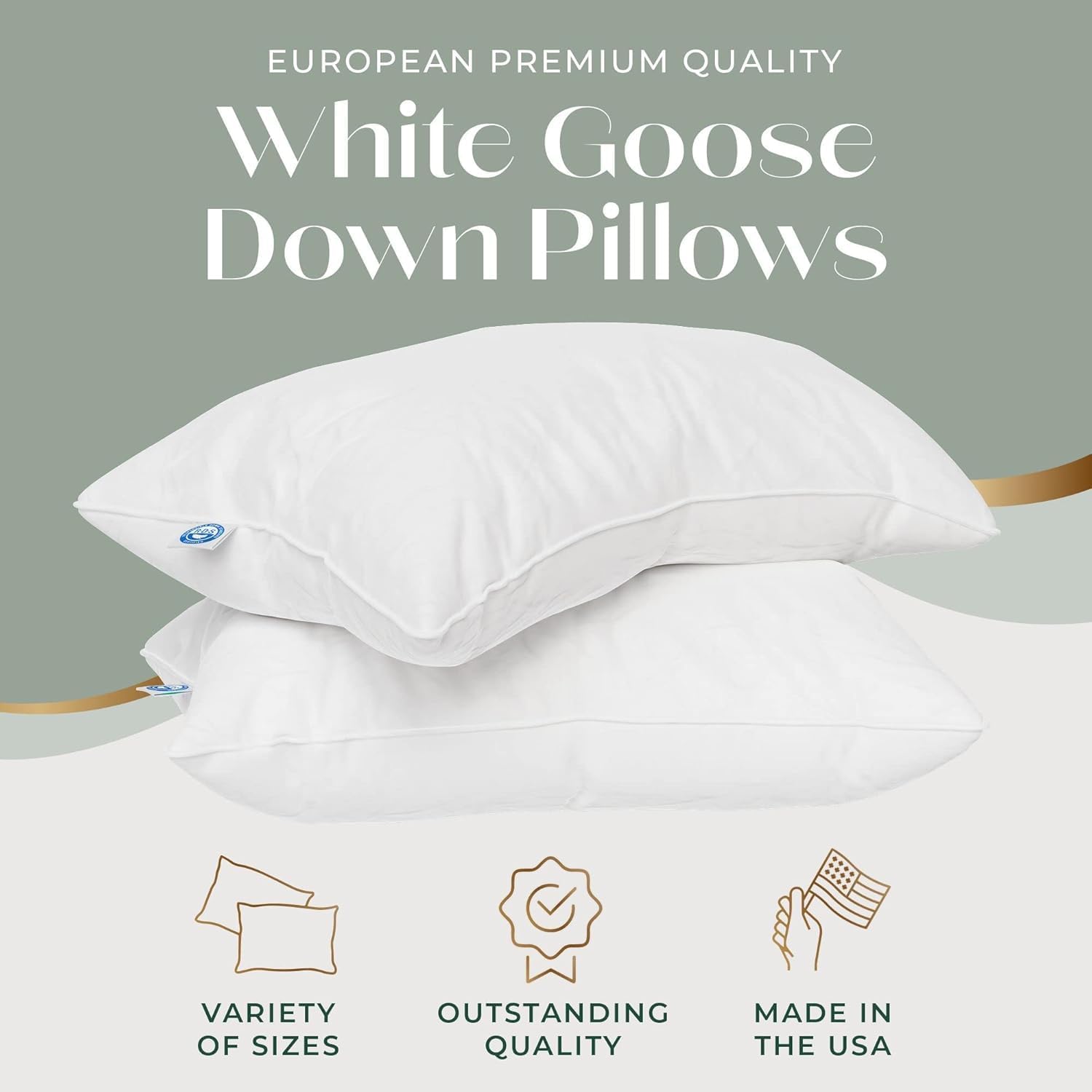 East Coast Bedding European Pure Down Pillow, 800 Fill Power, 400 Thread Count Cotton Sateen Shell, King Medium