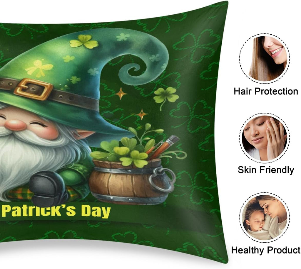 St Patrick Day Gnome 14 Satin Silk Pillowcase for Hair and Skin Pillow Cases Standard Size Soft Silk Pillow Case with Envelope Closure…