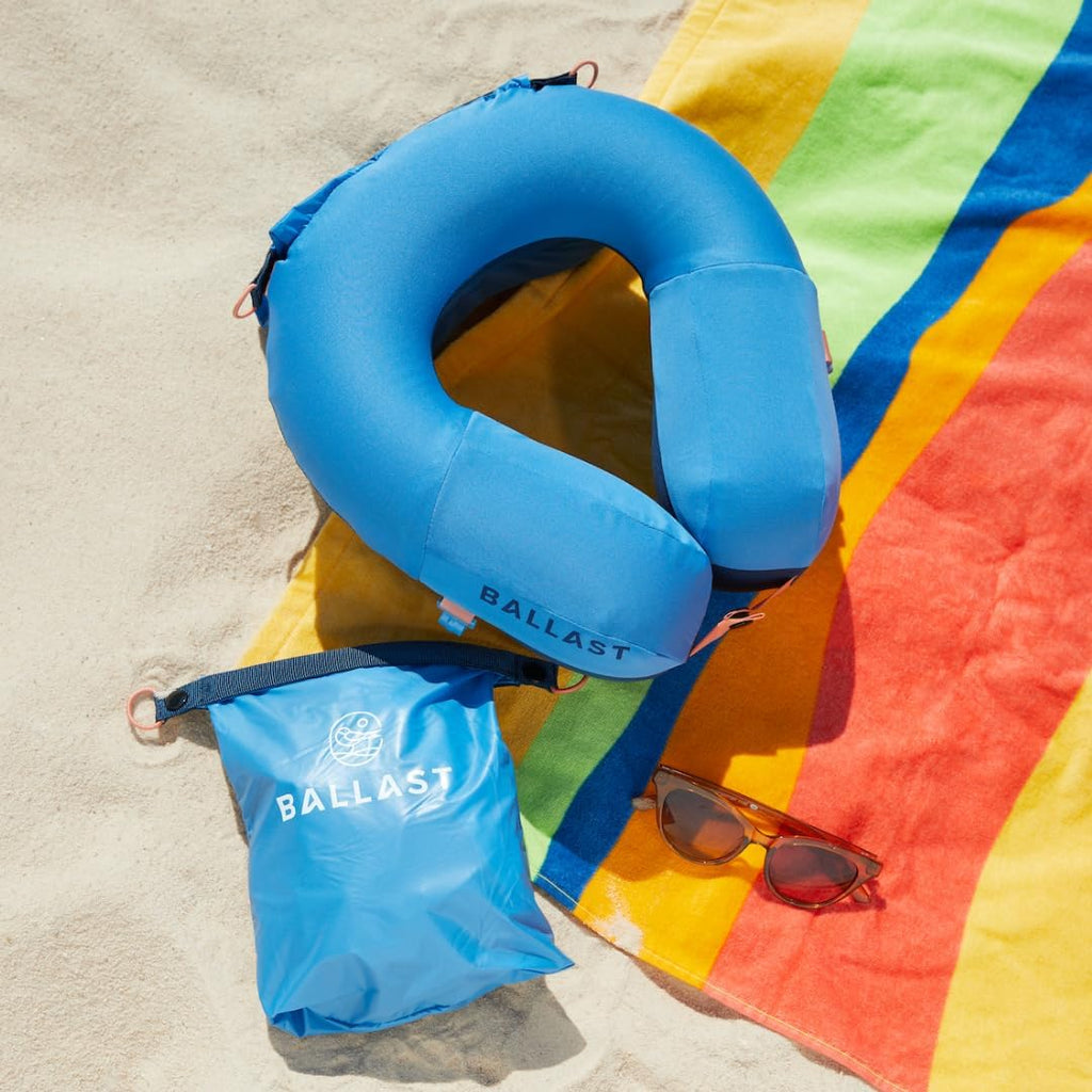 Ballast Pro Beach & Travel Pillow – Inflatable Neck Pillow for Airplanes, Beach & Pool, Compact and Water-Resistant (Ocean Blue)
