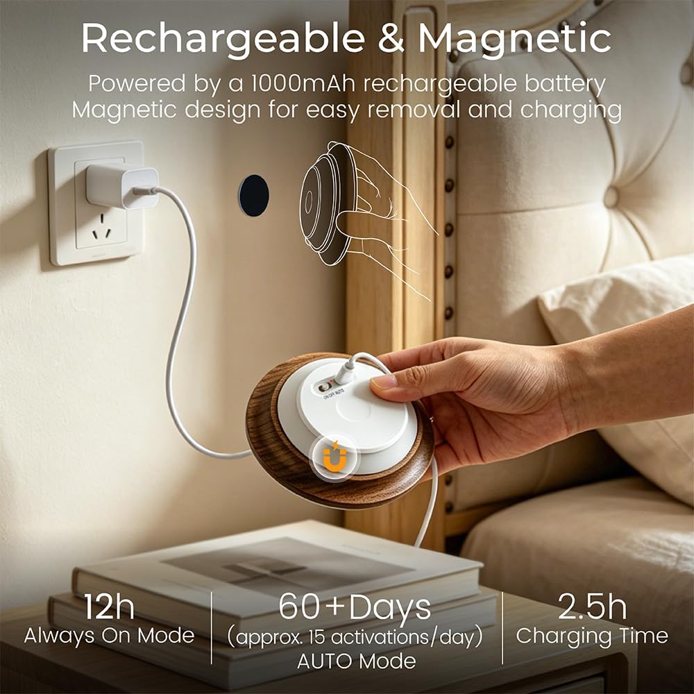 Motion Sensor Night Light Wood Rechargeable Battery-Powered Stick-On Step Lights Magnetic Closet Warm Nightlight for Hallway Bedroom…