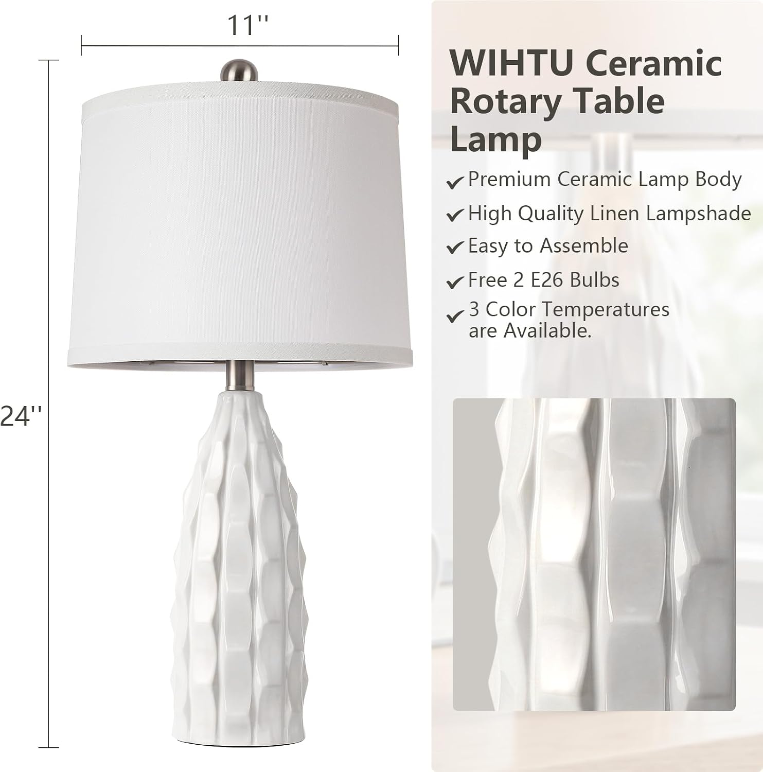WIHTU Creamic Table lamp Set of 2, 24'' Modern Dimmable Table Lamp for Living Room, Farmhouse Nightstand Lamps with Linen Shade, White…