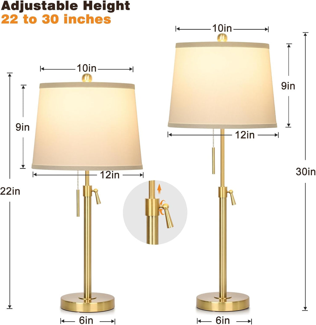JUNNAI 2 Pack 22"-30" Adjustable Height Table Lamps Set, Modern Gold Table Lamps with White Shade 3 Colour Temperature Pull Chain Tall…