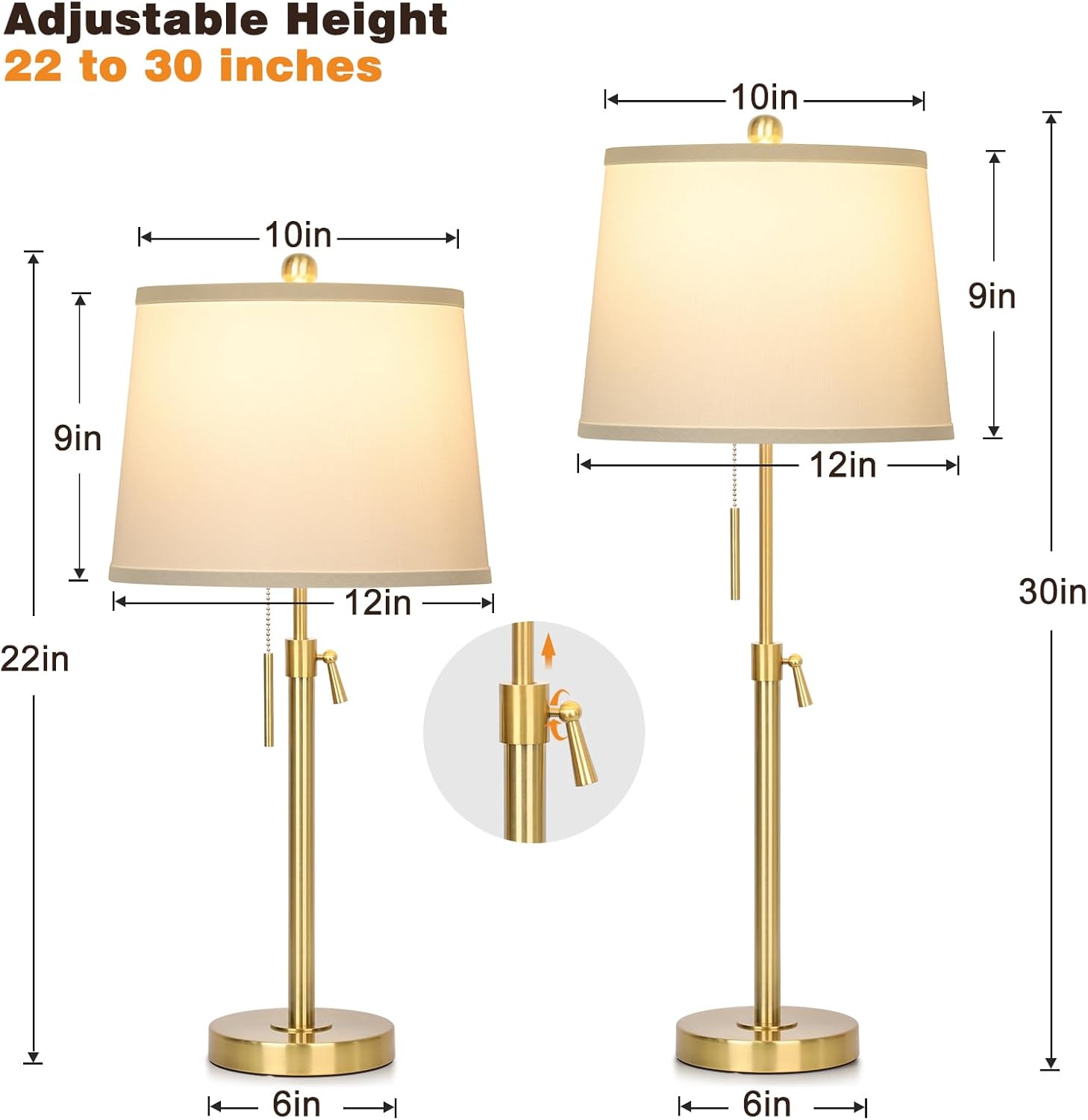 JUNNAI 2 Pack 22"-30" Adjustable Height Table Lamps Set, Modern Gold Table Lamps with White Shade 3 Colour Temperature Pull Chain Tall…
