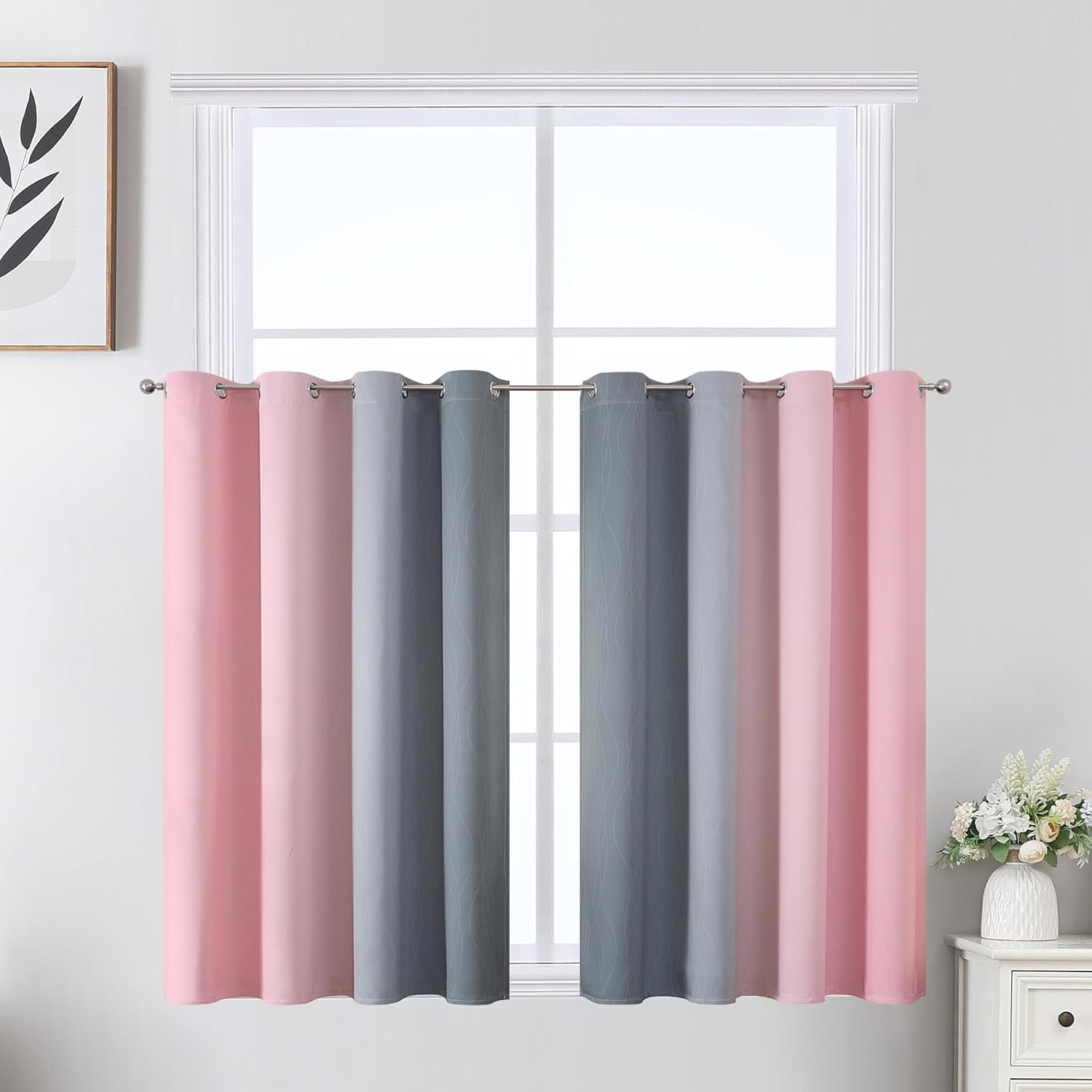 Estelartextiler Estelar Textiler Grey and Pink Ombre Short Blackout Curtains 36 Inch Long, Thermal Insulated Grommet Small Half Window Drap…