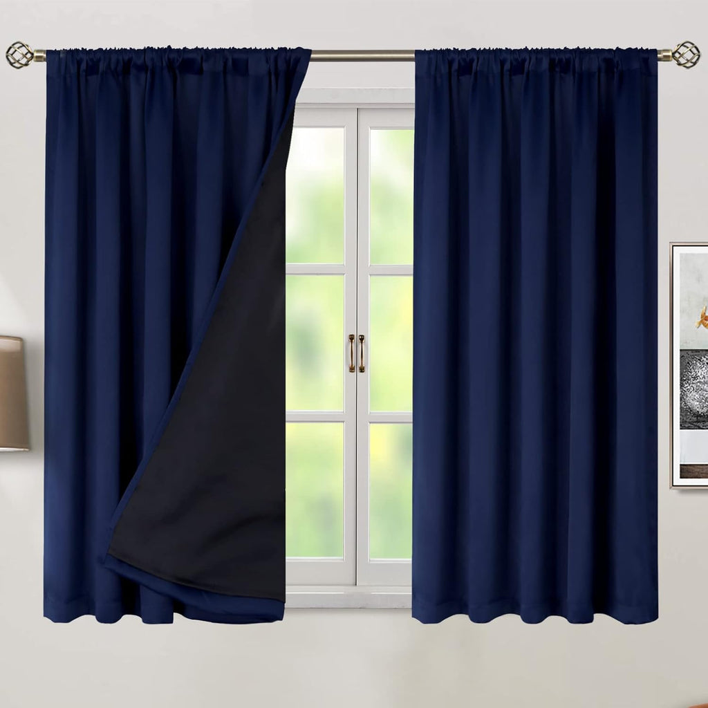 BGment Navy Blue 100% Blackout Curtains 54 Inches Long with Black Liner, Rod Pocket and Back Tab Double Layer Full Room Darkening Thermal…