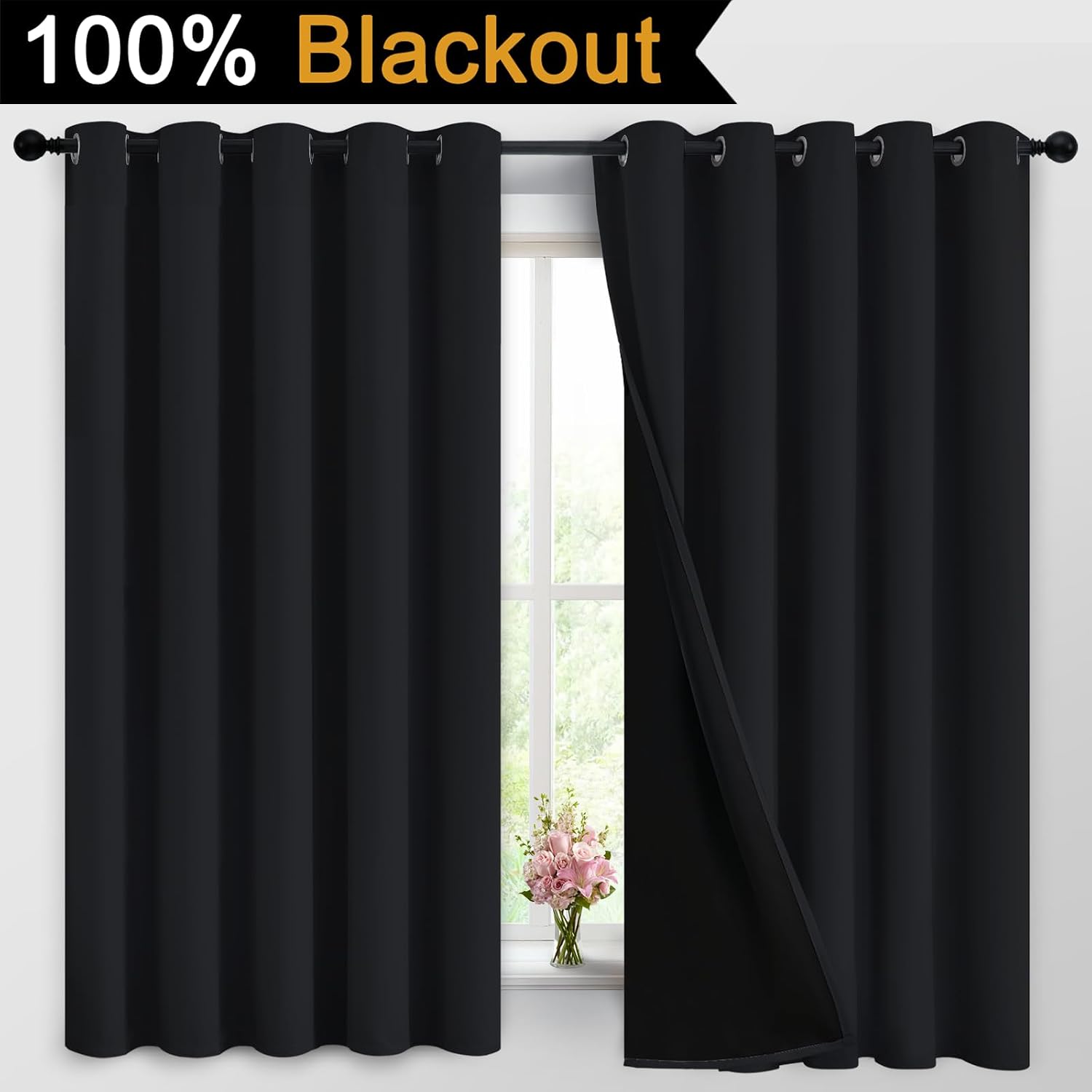 Yakamok 100% Blackout Curtains for Bedroom, 2 Thick Layers Thermal Insulated Grommet Total Blackout Drapes with Black Liner for Living Room…