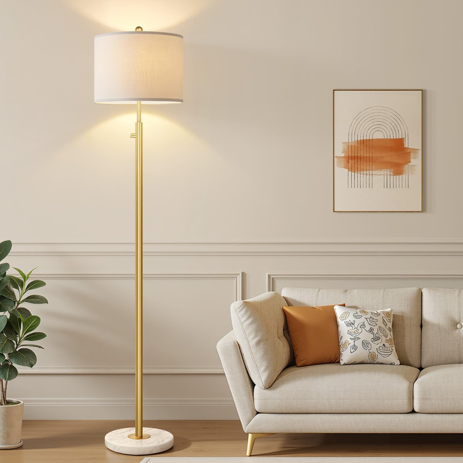 Upgraded】Dimmable Gold Floor Lamps for Living Room, 11W LED Bulb Included, Modern Standing Lamp with Marble Base, Tall Pole Light with…