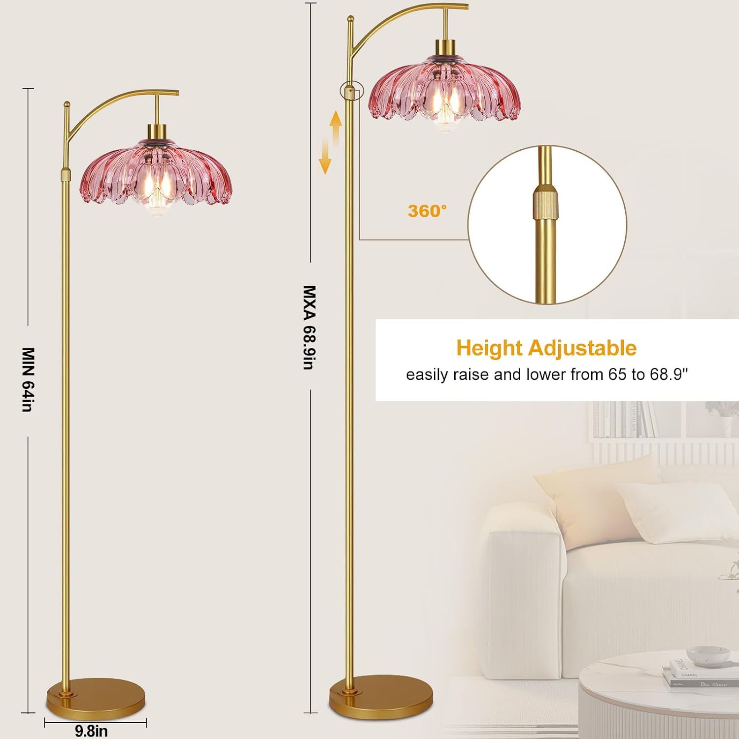 QIYIZM Pink Floor Lamp for Living Room, Bedroom, Gold Dimmable Standing Lamp with Remote, Mid Century Modern Brass Tall Lamp Boho Floor…