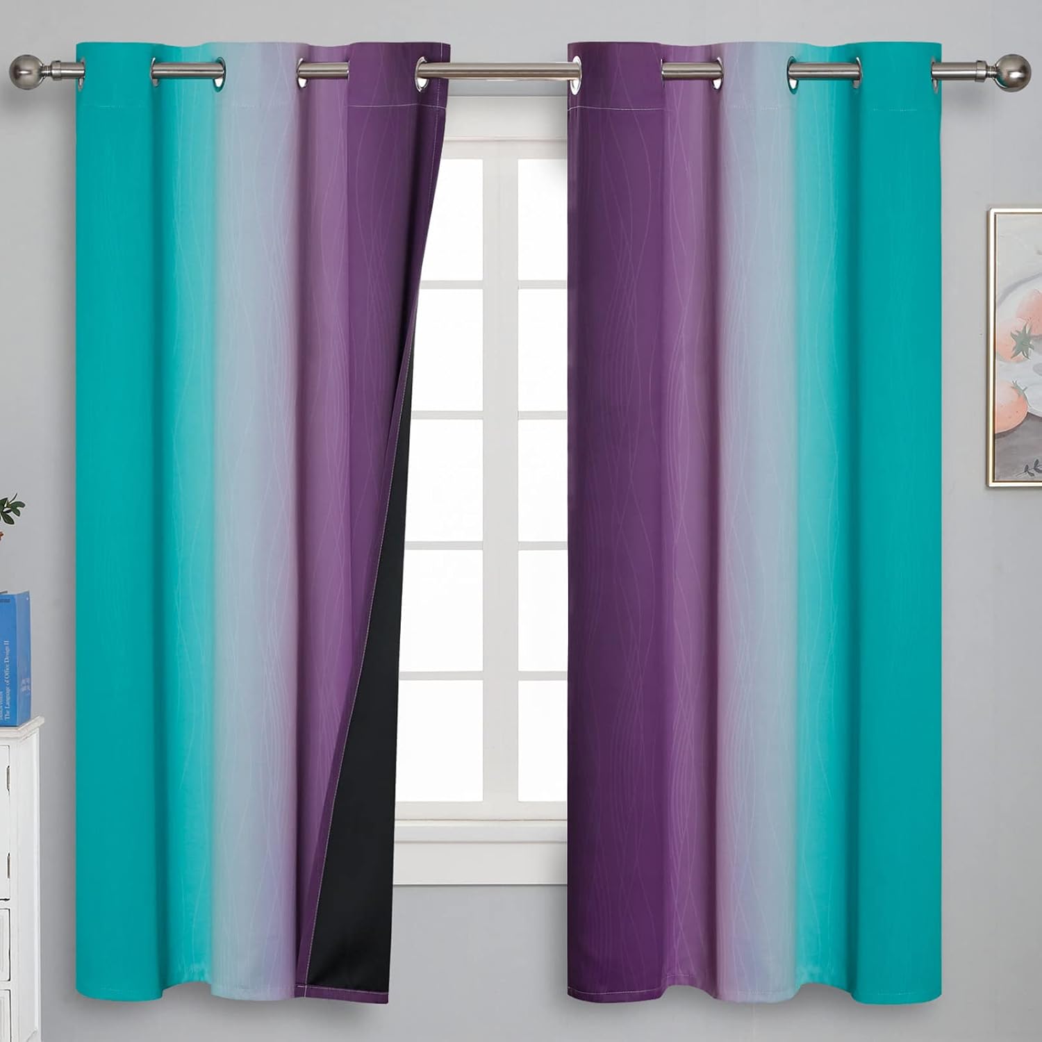 Estelartextiler Teal and Purple Gradient Curtains 63 Inch Length 2 panels, Ombre and Wavy Line Pattern Blackout Curtains for Kids Room, Ful…