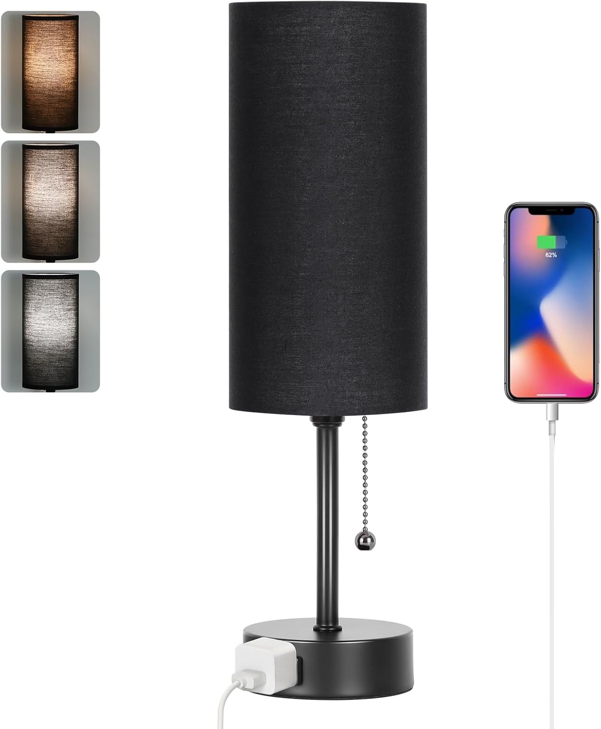 Dott Arts Table Lamp for Bedroom, 3-Color Bedside Lamps with Pull Chain, Bedroom Table Lamps for Nightstand, AC Outlet Small Lamp for…