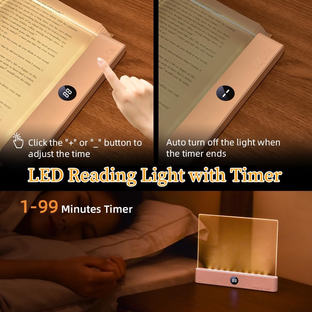 Book Light, Rechargeable Clear LED Flat Book Lights for Reading in Bed at Night with 3 Colors & Timer, Dimmable Panel Plate Book Lamp…