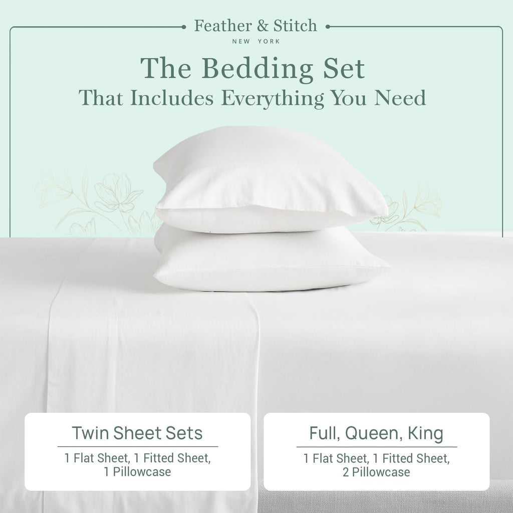 Featherstitchnewyork Feather & Stitch Softest 100% Cotton Sheets, 300 Thread Count Percale Weave Bedding, 16" Deep Pocket, Cooling Sheets,…
