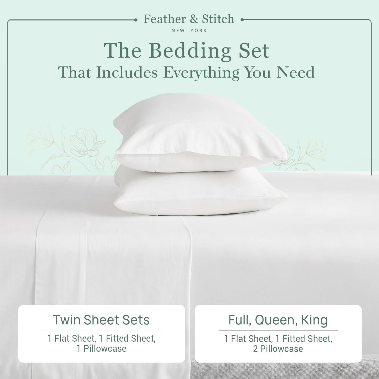 Featherstitchnewyork Feather & Stitch Softest 100% Cotton Sheets, 300 Thread Count Percale Weave Bedding, 16" Deep Pocket, Cooling Sheets,…