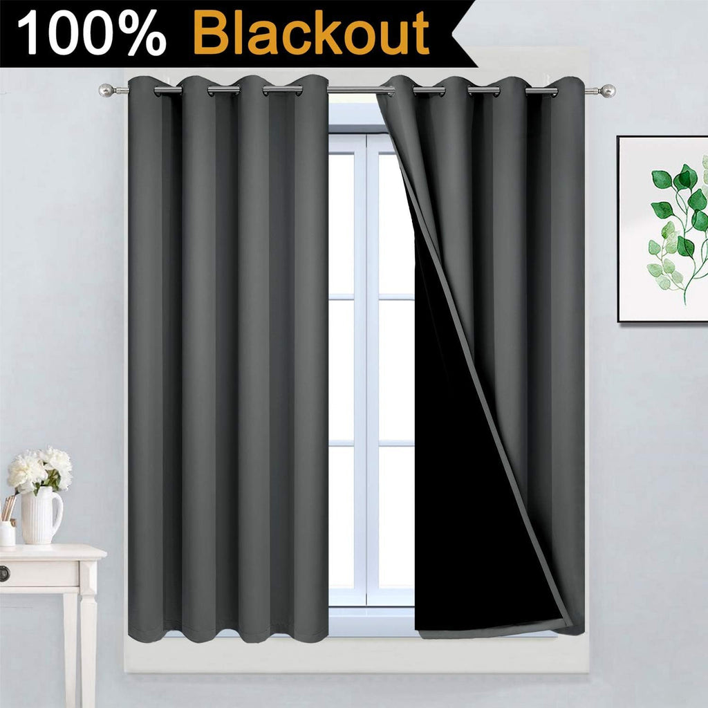 Yakamok Dark Gray 100% Blackout Curtains, Energy Saving Thermal Insulated 2 Thick Layers Total Blackout Drapes with Black Liner for Bedroom…