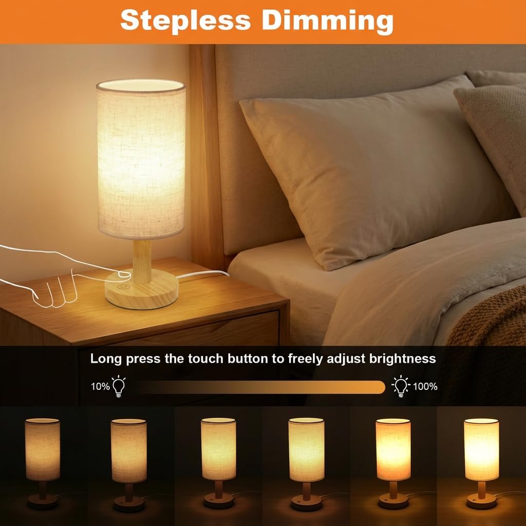 PuziphaTableLamp Touch Bedside Table Lamp - Stepless Dimming USB Powered, Minimalist Wood Base Linen Shade, 2700K Warm Light for Bedroom Ni…