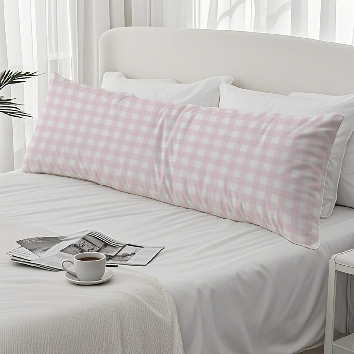 Pink Plaid Gingham 20x54 Body Pillow Cover, Preppy Room Dorm Decor, Girly Room Decor, Pink and White Checkered Decorative Long Body…