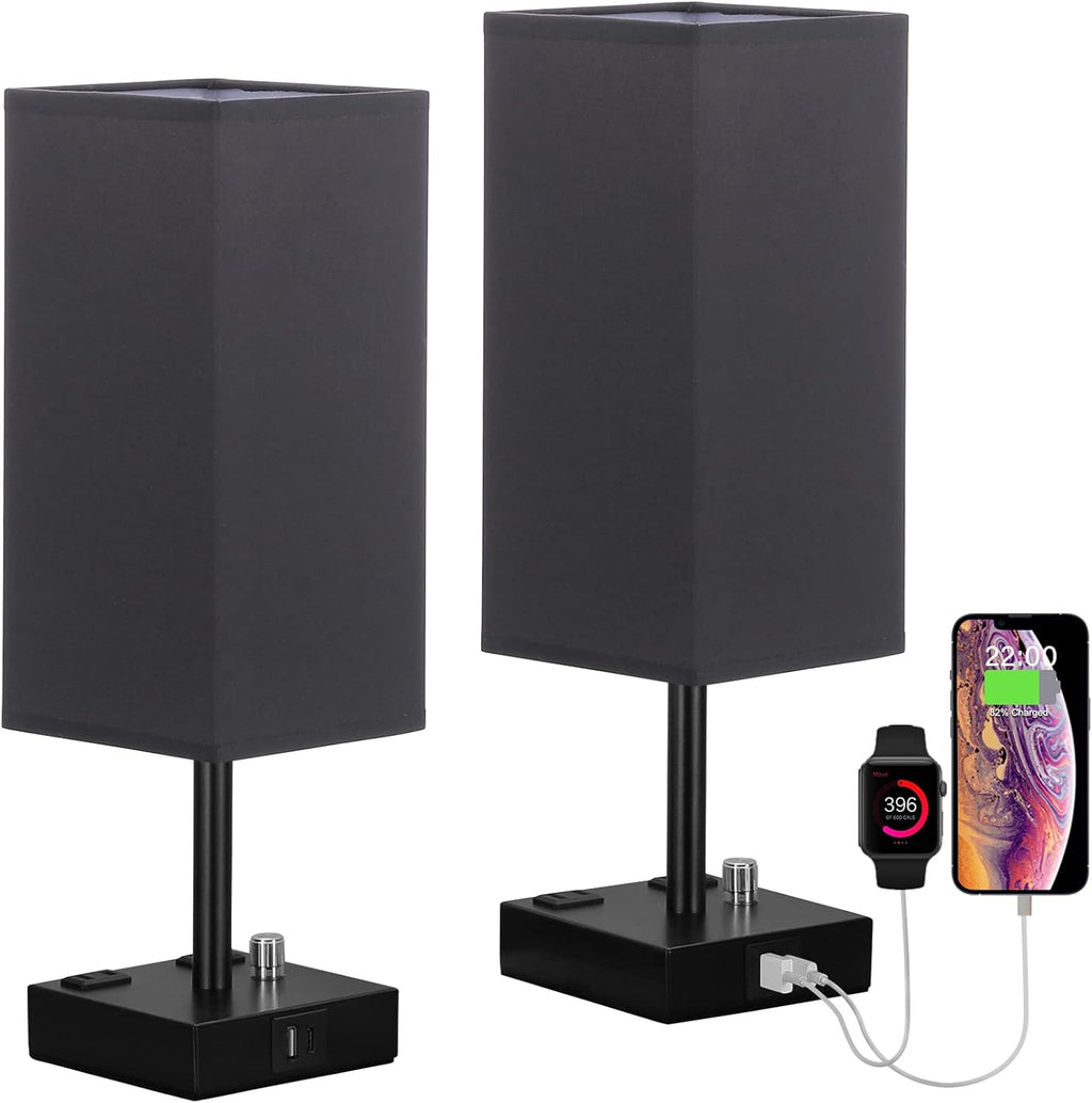 aooshine Black Fully Dimmable Nightstand Lamps Set of 2 - Table Bedside Lamp with USB C+A Charging Ports & 2 AC Outlets, Square Lamp Sets…