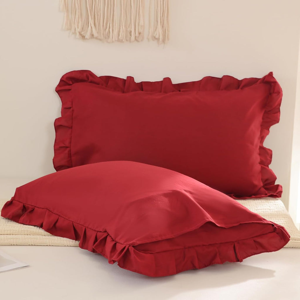 Merryword Burgundy Pillow Shams Standard Pillowcases 20x26inch Cute Ruffle Solid Pillow Cover Set of 2 Shabby Chic Soft Red Pillowcases Red