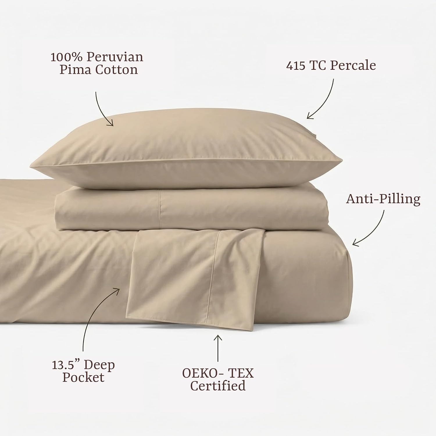 Perupima Peru Pima 415 Thread Count Percale Queen Sheet Set - 100% Peruvian Pima Cotton, 4 Piece (Flat, Fitted, 2 Pillowcases) - Cooling, C…