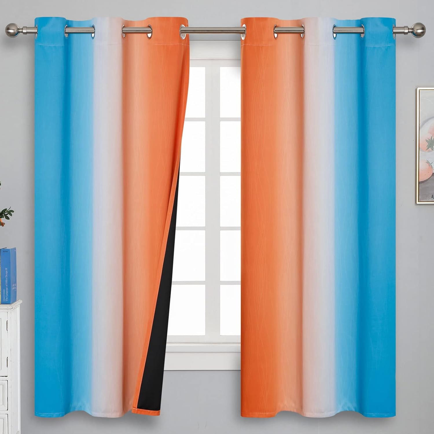 Estelartextiler Ombre Orange and Blue Curtains 63 Inch Length 2 panels, Total Blackout Curtains for Bedroom, Grommet Thermal Insulated Grad…