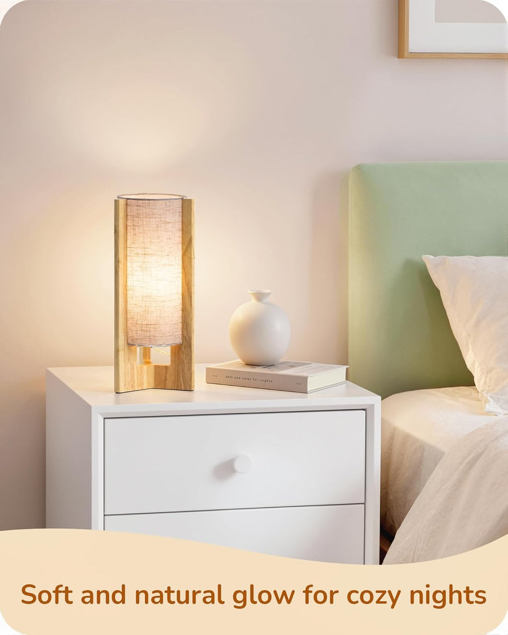 EDISHINE Small Wood Table Lamp, 13.5" Modern Bedside Lamp, Beige Linen Shade, Natural Wood Cylinder Nightstand Lamp for Bedroom Living…