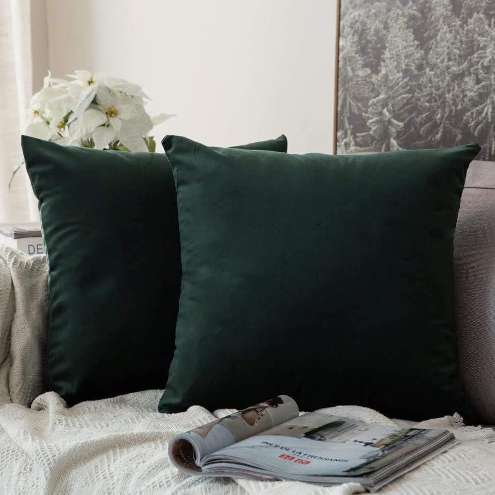 MIULEE Pack of 2 Velvet Soft Solid Decorative Square Throw Pillow Covers Cushion Case for Sofa Bedroom Couch, 20x20 Inch Army Green