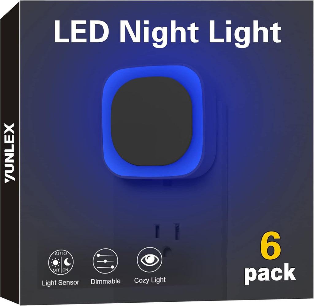 YUNLEX 6 Pack Plug in Blue Night Light, Dusk to Dawn Sensor, LED Nightlight for Mood Lighting, Glare-Free Reflected Light, Dimmable, Auto…