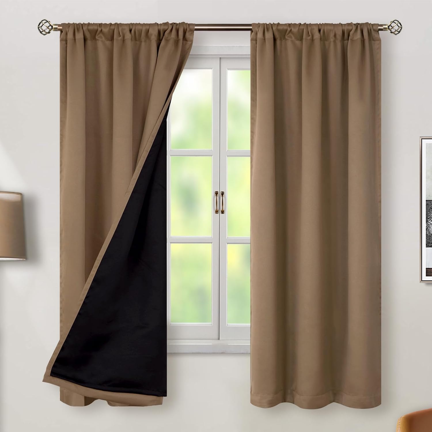 BGment Taupe 100% Blackout Curtains 63 Inches Long with Thermal Insulated Liner, Rod Pocket and Back Tab Double Layer Full Room Darkening…