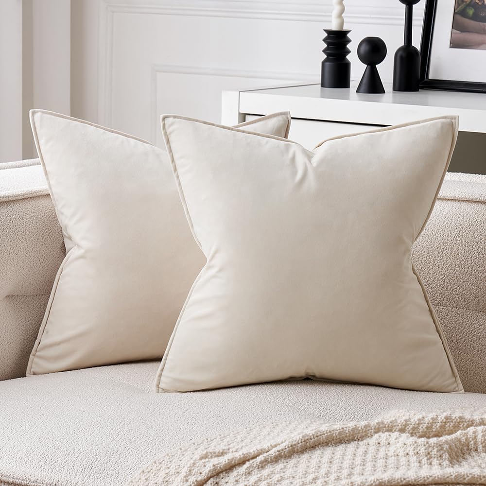 Miulee Cream White Velvet Throw Pillow Covers 24x24 Soft Decorative Solid Square Euro Sham Cushion Cases Pack of 2 Modern Luxury Home Decor…