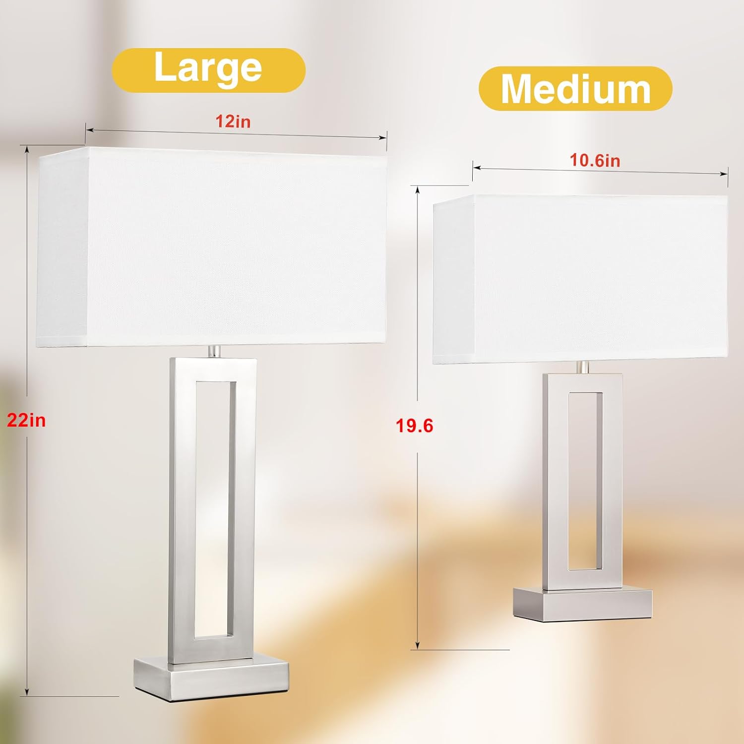 Seealle 22" Tall Bedroom Lamps for Living Room - Touch Brushed Nickel Bedside Lamps with USB C+A, 3 Way Dimmable Lamp for Nightstand…