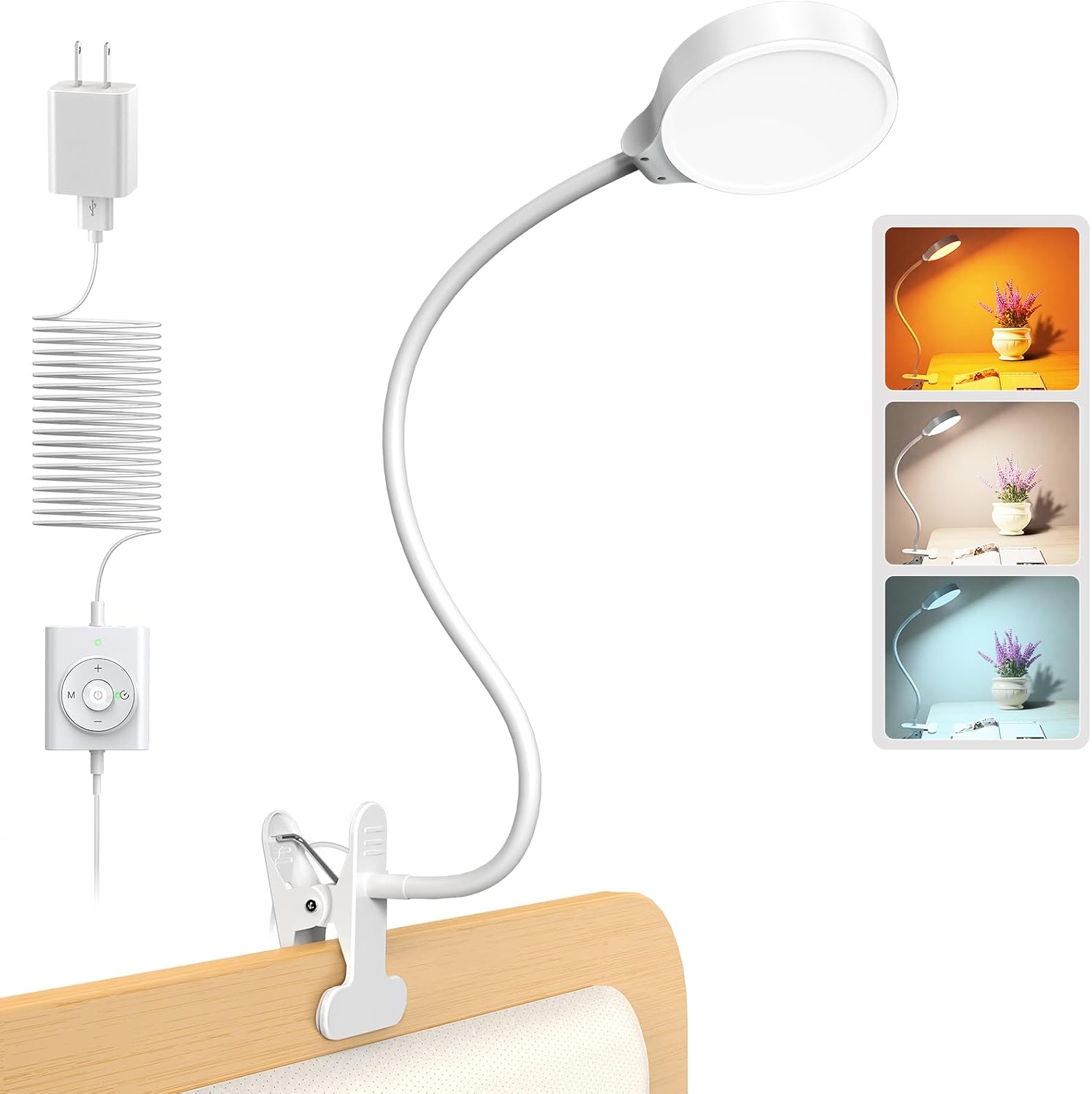 Glocusent 5W 36 LED Reading Clip on Light for Bed, Eye Caring Bed Lamp, 3 Colors & 5 Brightness Levels for Headboard with Adapter, Perfect…