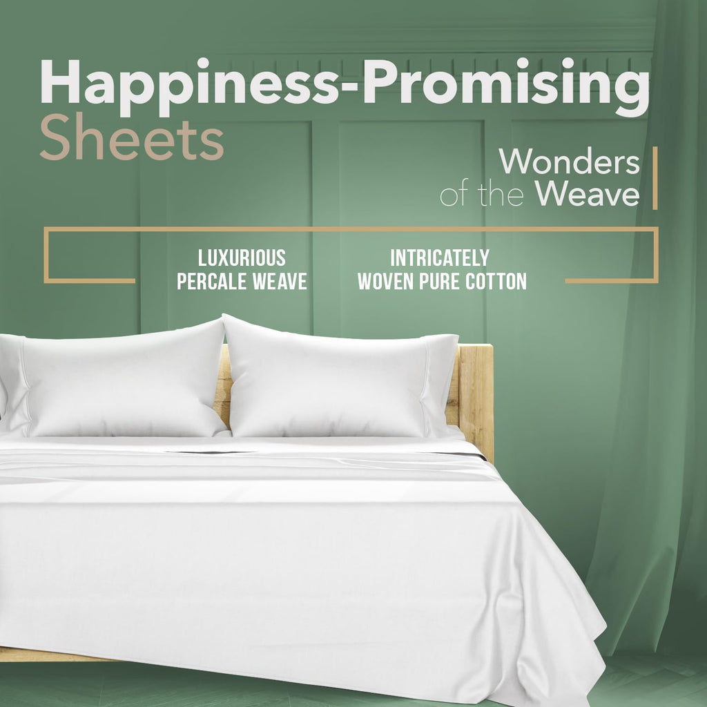 TEXAS LINEN CO. 100% Organic Cotton Percale Sheets Full Size - White, 4 Piece Set, Soft & Crisp, Cooling, 16" Deep Pocket Hotel Sheets