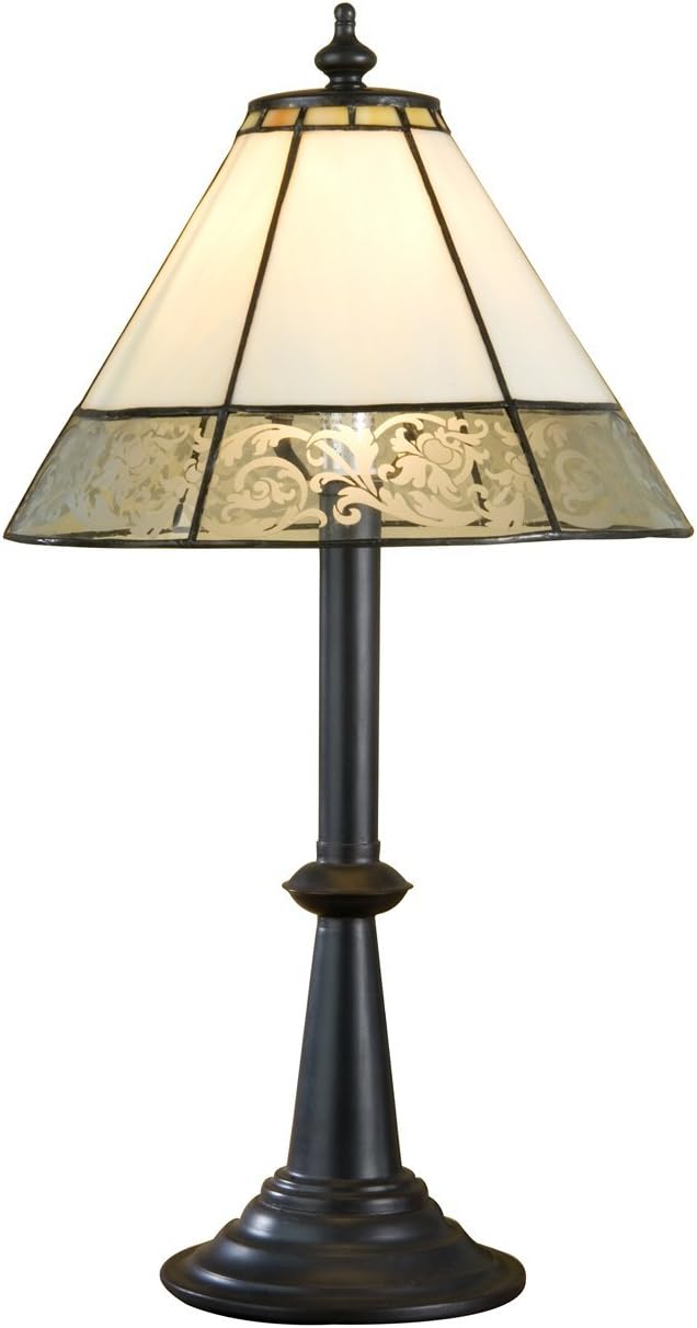 J Devlin Glass Art Lam 639 TB Tiffany Stained Glass Table Lamp Curved Ivory Opal with Etching Dresser Bedside Accent Lighting