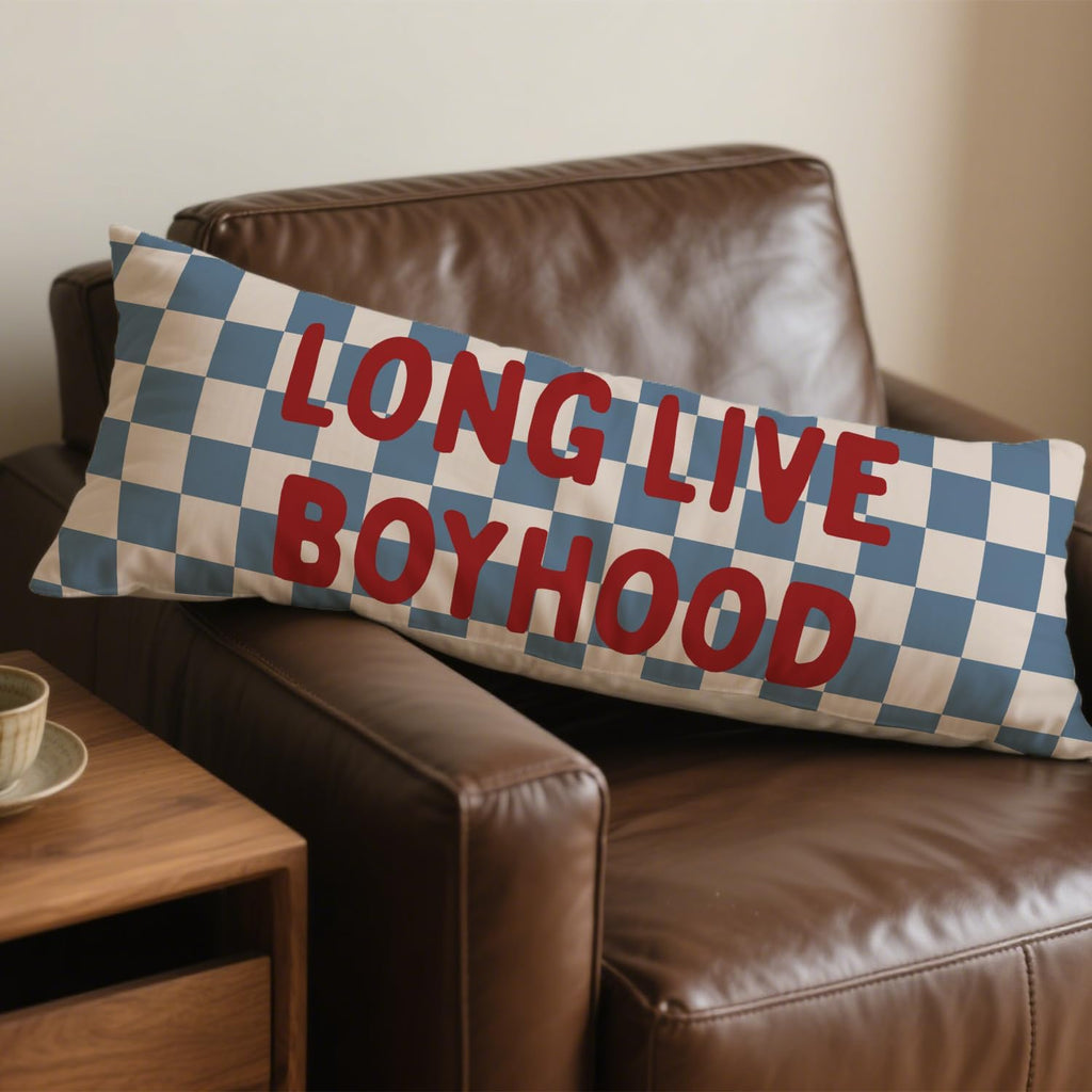 Long Live Boyhood 20x54 Body Pillow Cover for Boys Room Nursery, Boy Nursery Decor, Kids Playroom Decor, Retro Blue and White Checkered…