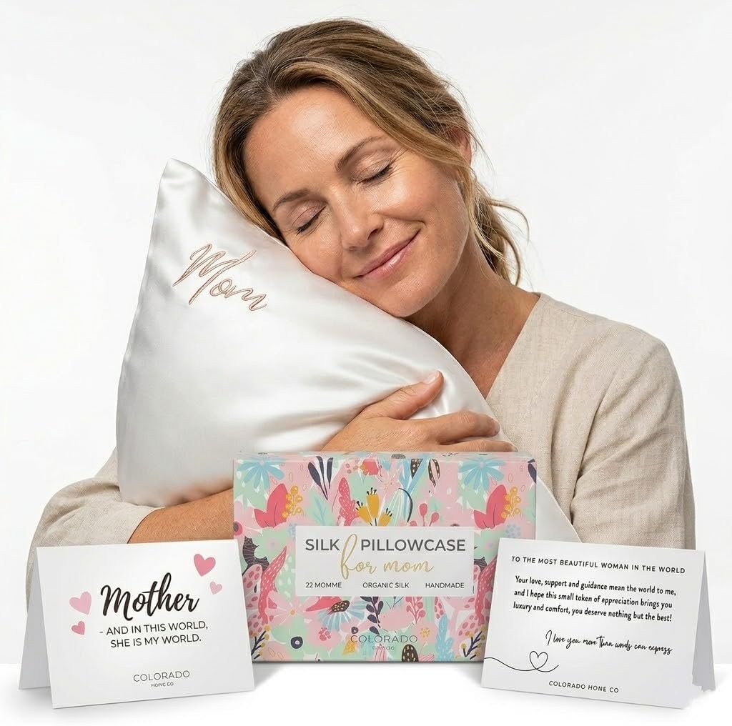 Mom Silk Pillowcase with Mom Embroidery for Mother's Day, for Mom, Wife, Daughter or Sister, Mother's Day Insert Card with Gift Box