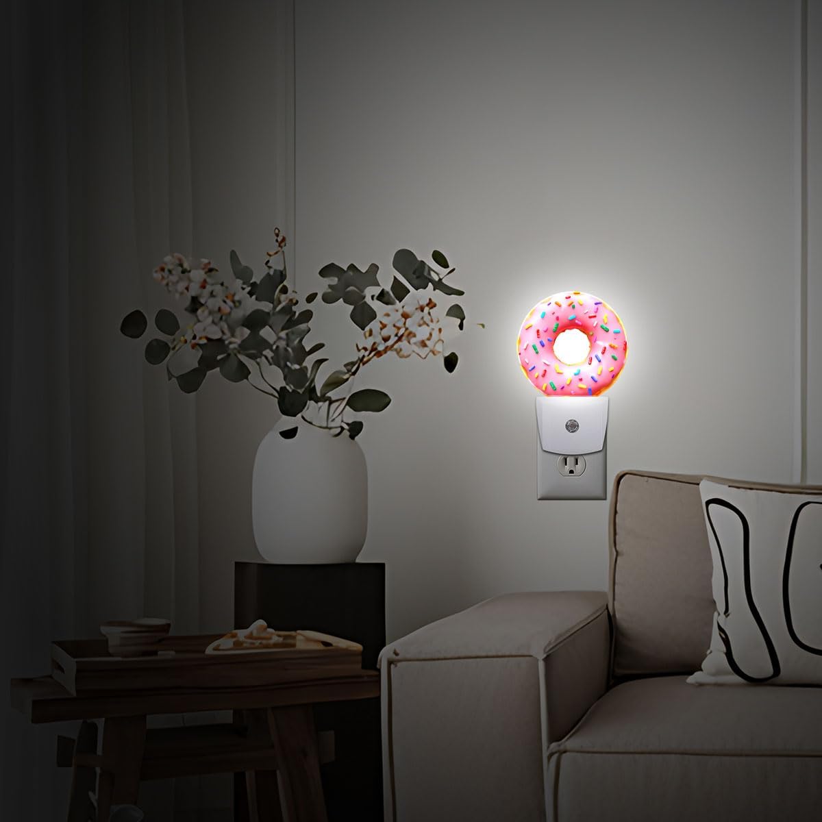Pink Sweet Donut Plug in Night Light Auto Light Round Lamps Energy Saving Gift for Women Men Friends
