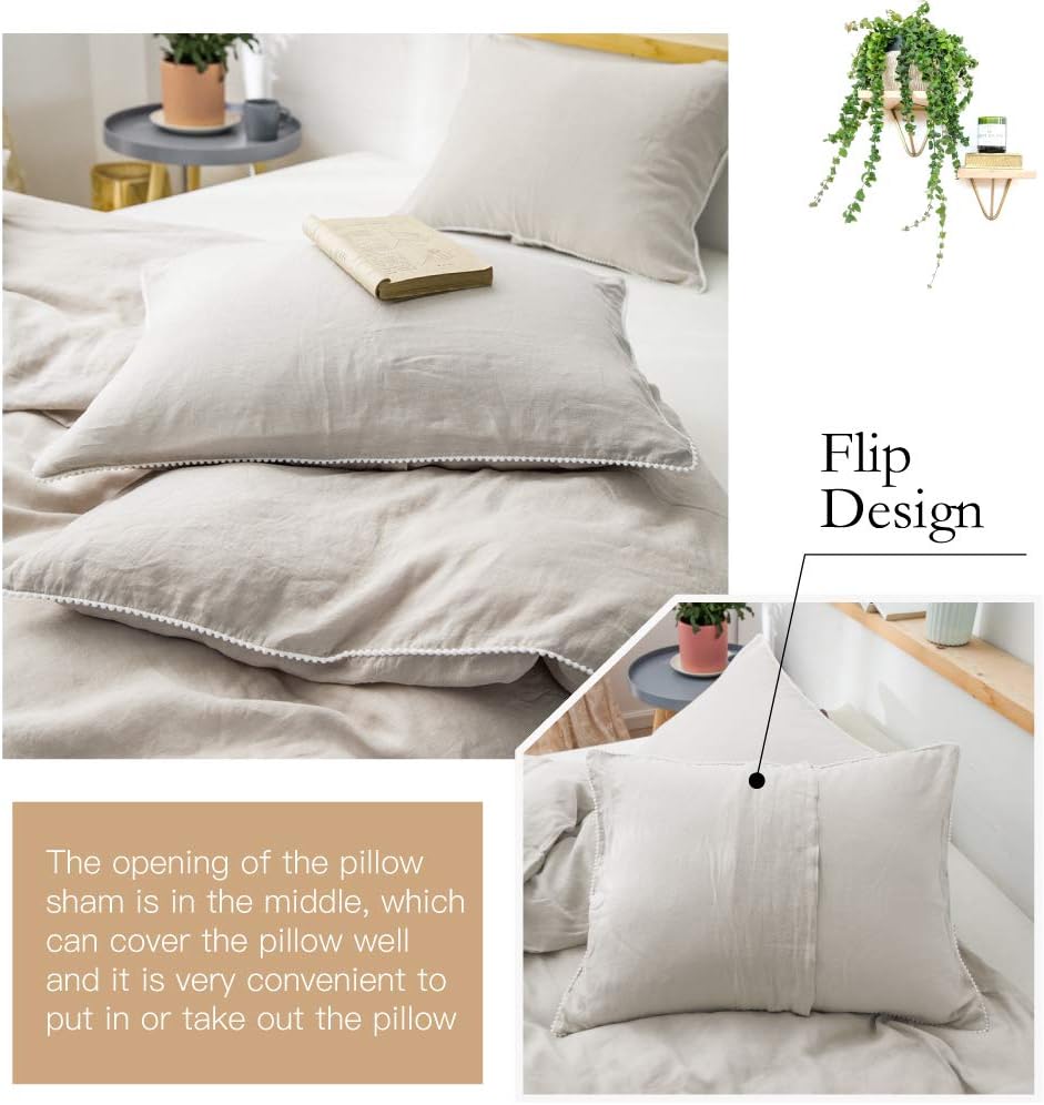 Simple&Opulence 100% Washed Linen Duvet Cover with Pom Pom Trim, Natural French Flax Bedding Set Soft Breathable,1 Farmhouse…