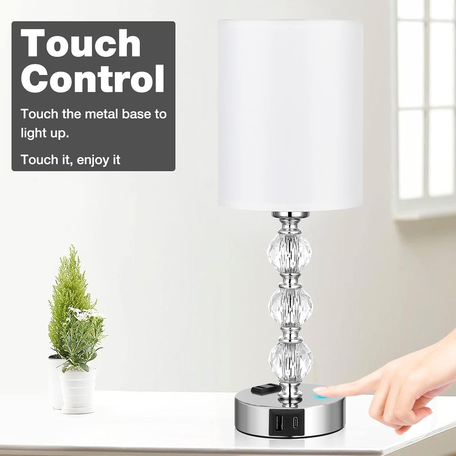 Touch Bedside Crystal Lamps for Bedrooms Nightstand with USB C+A Charging Port and AC Outlet White, 3 Way Dimmable Silver Small End Side…