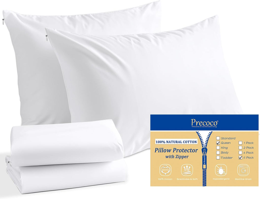 Precoco Cotton Queen Size Pillow Cases Set of 6, White Pillow Protectors with Zipper, Cooling Breathable Hidden Zippered Pillow Covers & Pi…