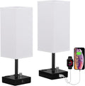 aooshine White Fully Dimmable Nightstand Lamps Set of 2 - Table Bedside Lamp with USB C+A Charging Ports & 2 AC Outlets, Square Lamp Sets…