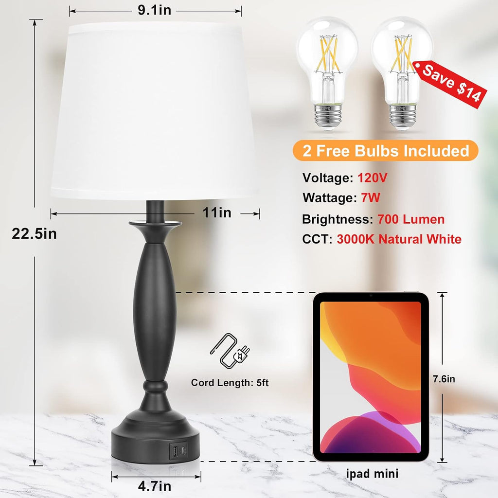Seealle White Lamps for Bedrooms Set of 2 - Touch Control Bedside Lamp with USB C+A, 3 Way Dimmable Nightstand Lamps with USB Port, Table…