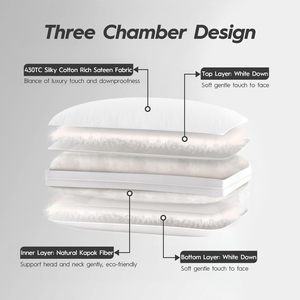 Globon Queen Size Firm Down Feather Pillow, Hotel Collection Bed Pillow for Side & Back Sleepers, 100% Cotton Cover, Luxury 3-Layer…