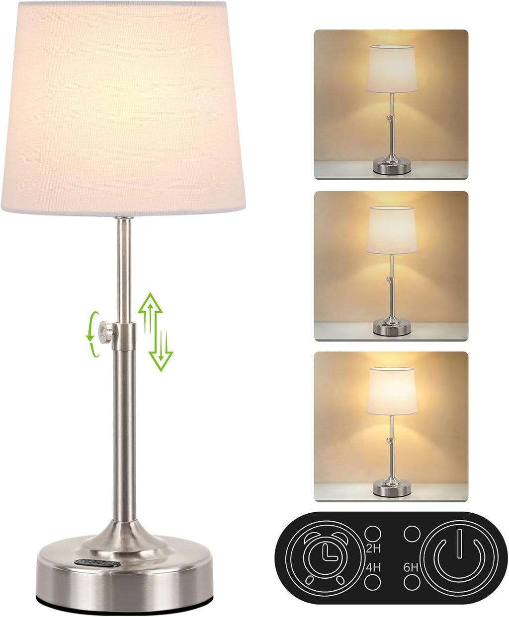 Height Adjustable Cordless Table Lamp with 2H/4H/6H Timer, Rechargeable Battery Operated Lamp Dimmable, Portable Battery Lamp for Camping…