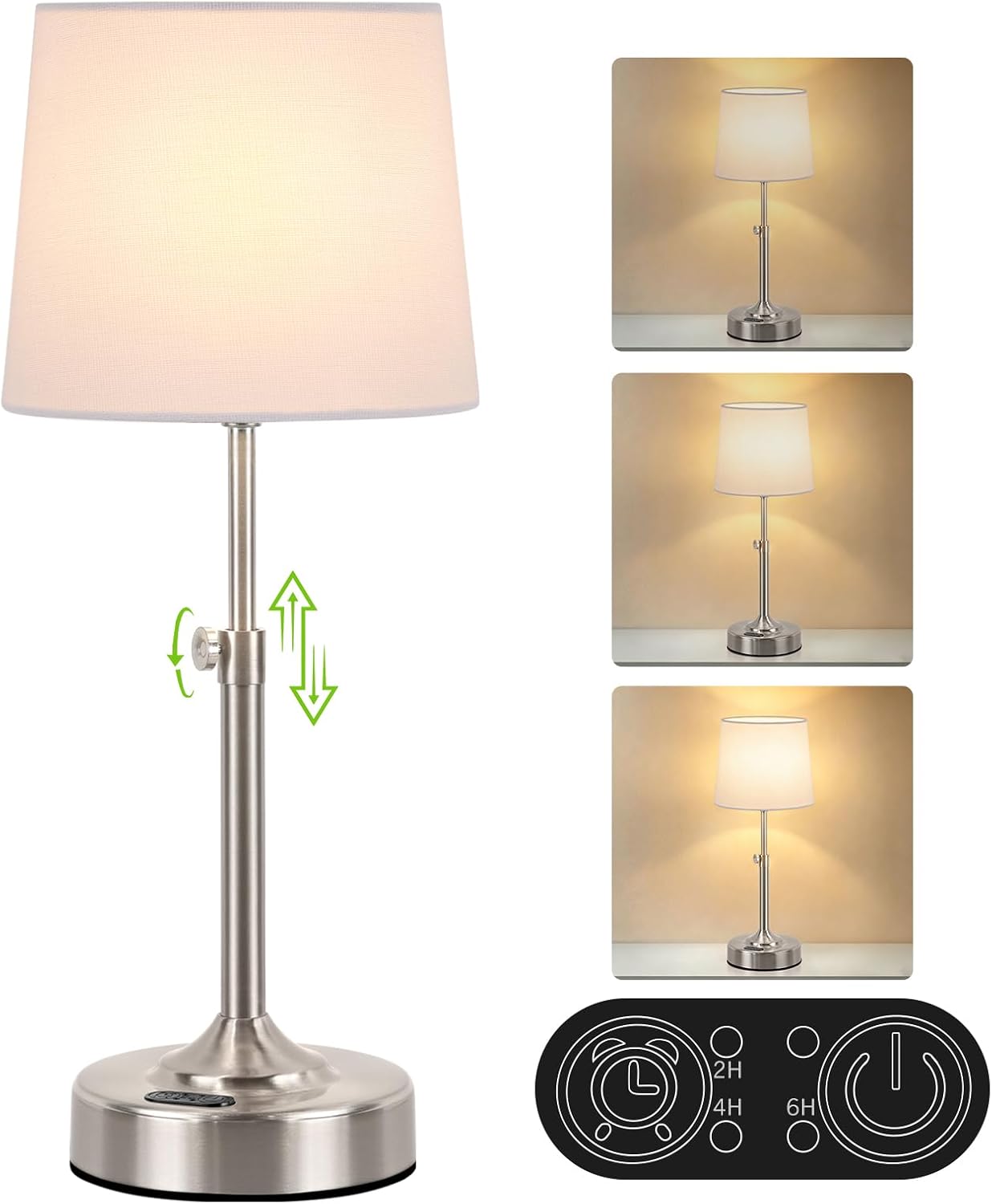 Height Adjustable Cordless Table Lamp with 2H/4H/6H Timer, Rechargeable Battery Operated Lamp Dimmable, Portable Battery Lamp for Camping…