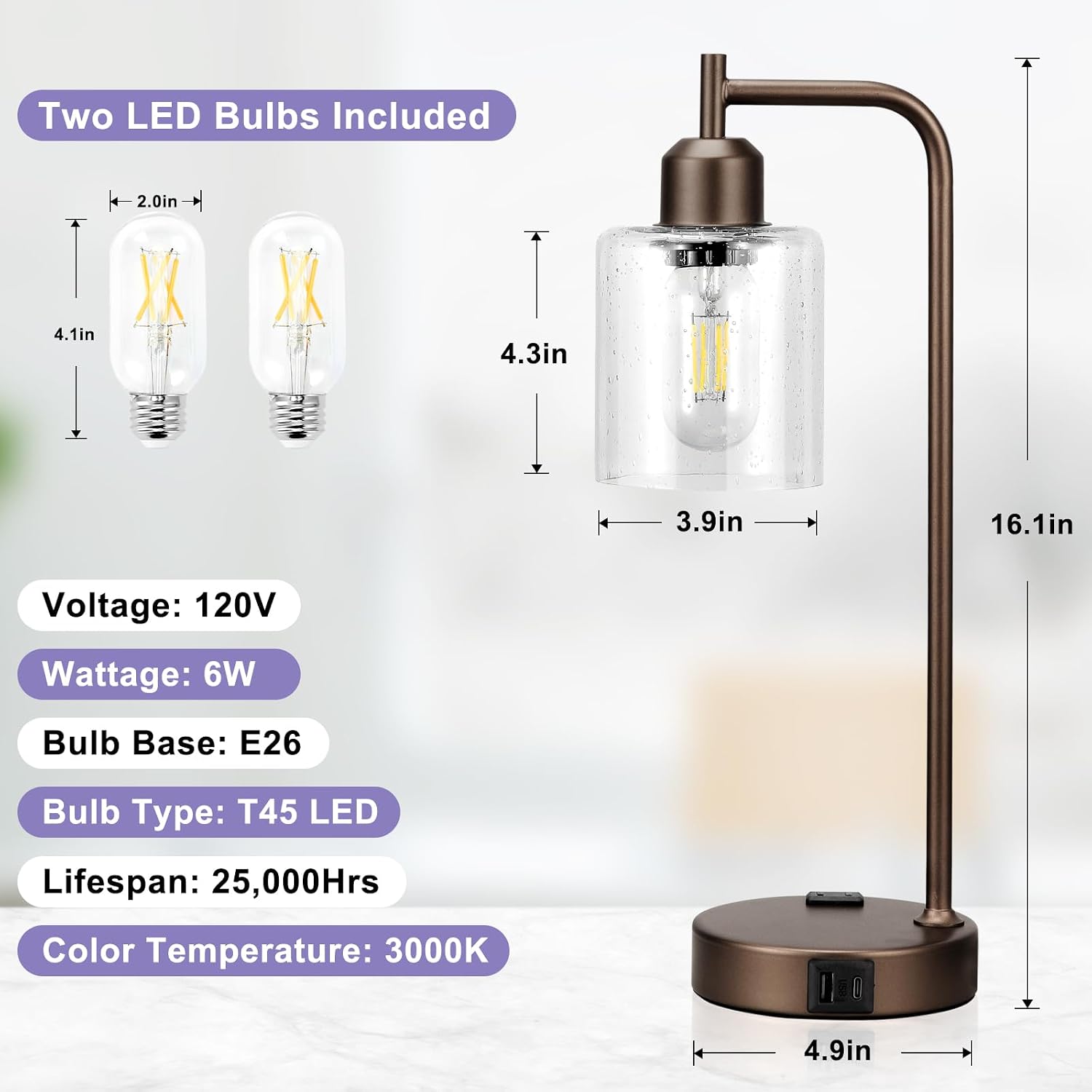 Innqoo Industrial Touch Table Lamps - 3-Way Dimmable Desk Lamps Set of 2 with USB C+A Ports and Outlet, Brown Bedside Lamps with Clear…