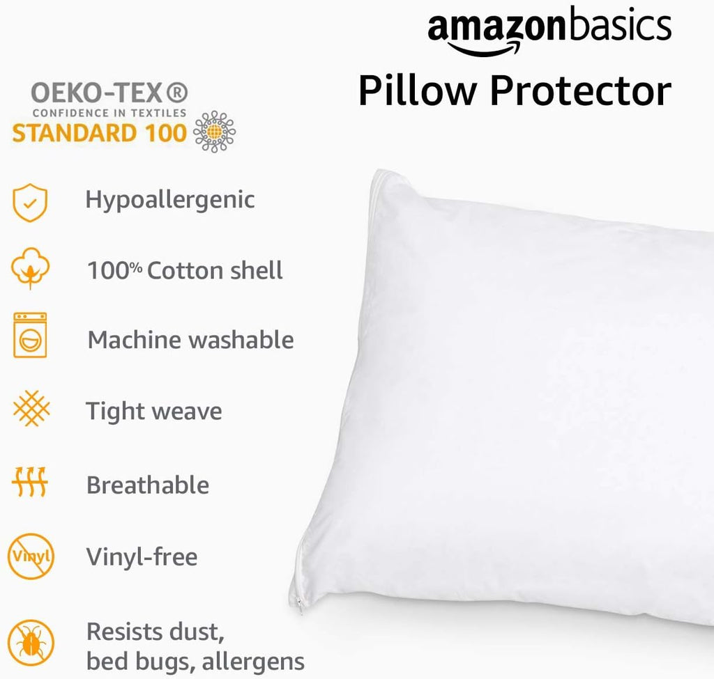 Amazon Basics Queen Pillow Protector with Zipper, 100% Cotton Hypoallergenic, Machine Washable, White, 31 x 21 Inches, Pillows Not…