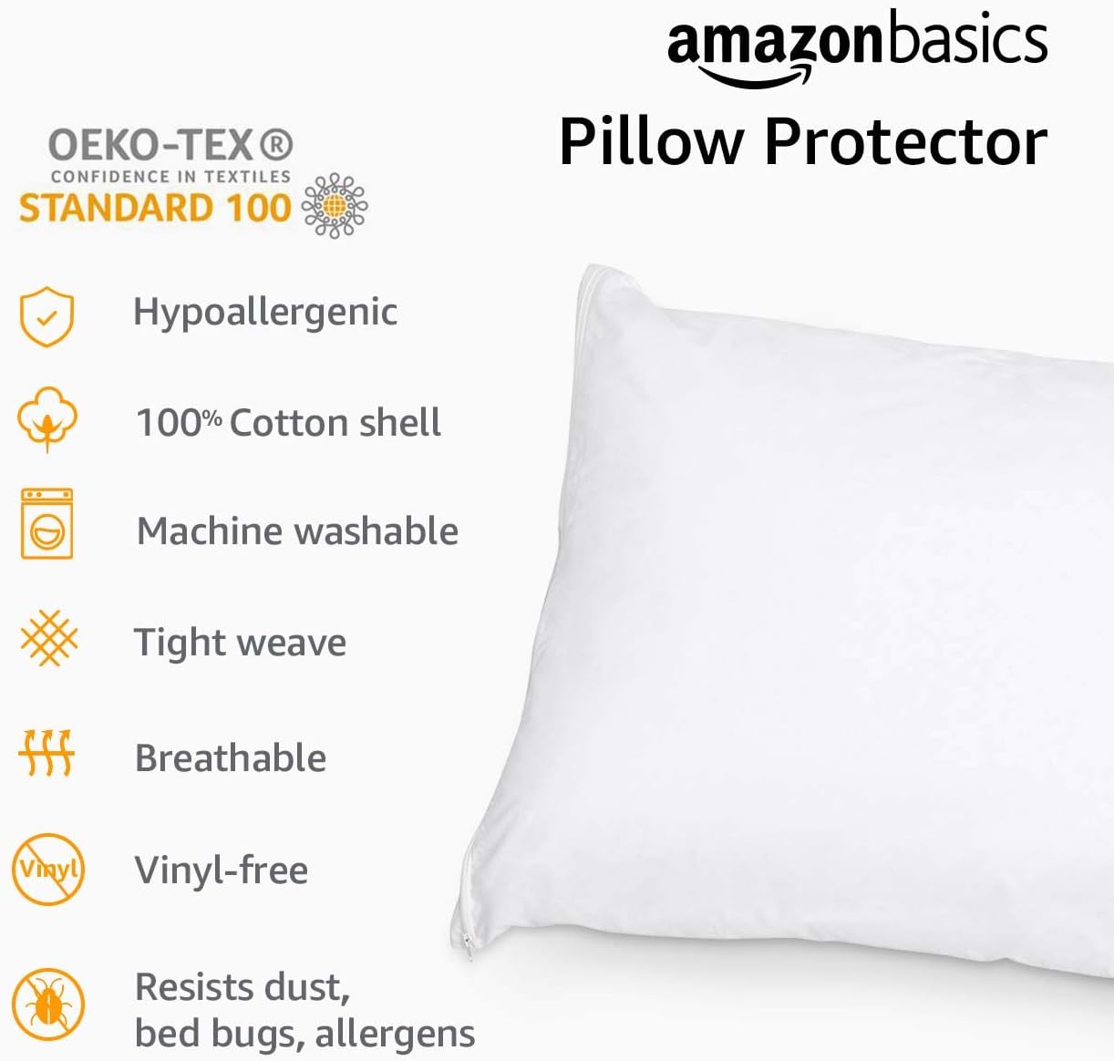 Amazon Basics Queen Pillow Protector with Zipper, 100% Cotton Hypoallergenic, Machine Washable, White, 31 x 21 Inches, Pillows Not…